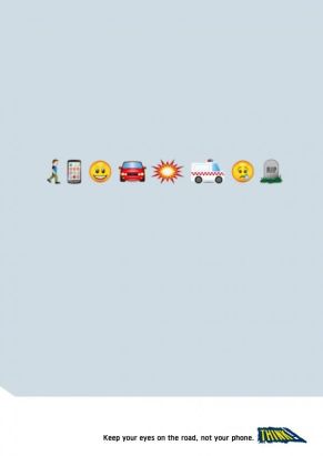 ad warning against texting and driving with emojis